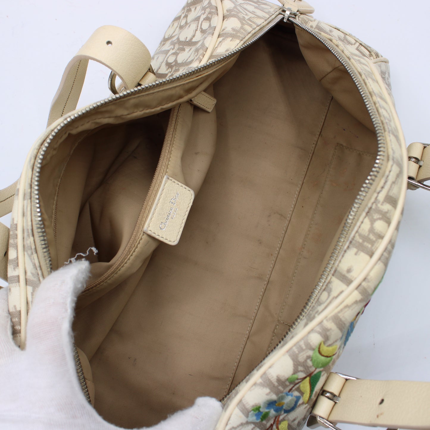 Christian Dior Beige Trotter Embroidered Canvas Bowler Bag