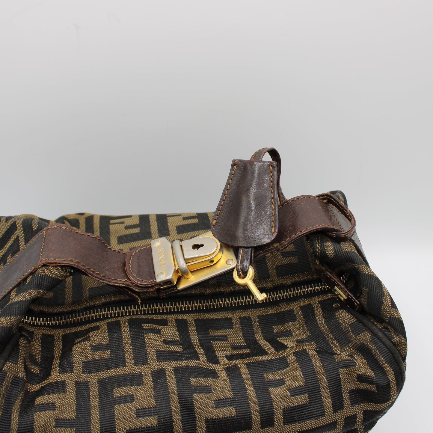Fendi Brown Zucca Canvas Leather Lock Handbag