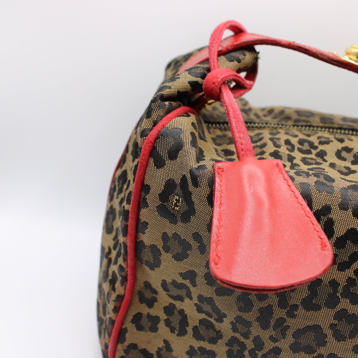 Fendi Brown Leopard Print Red Leather Trim Hand Bag