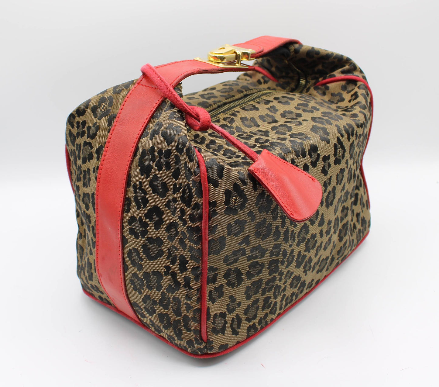 Fendi Brown Leopard Print Red Leather Trim Hand Bag