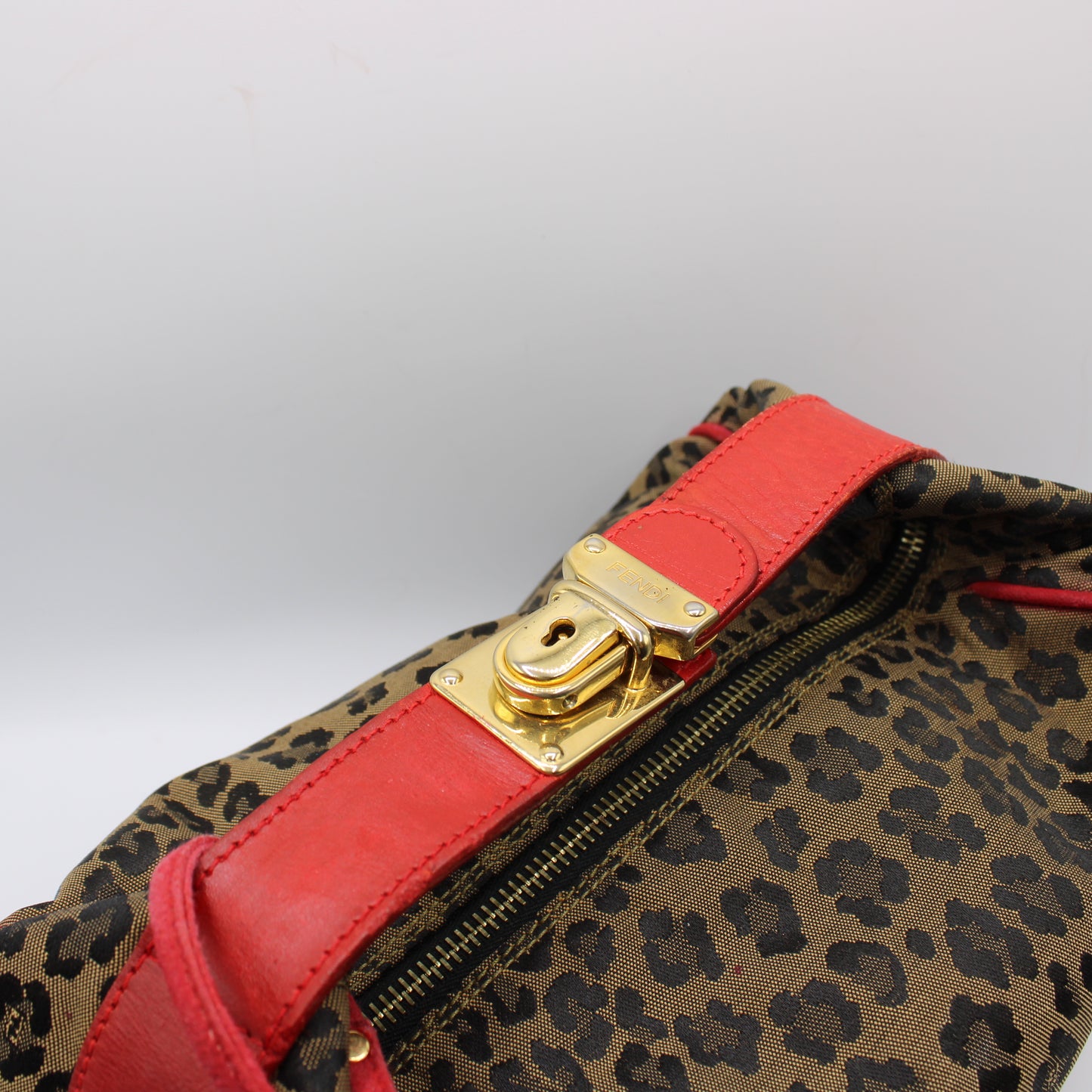 Fendi Brown Leopard Print Red Leather Trim Hand Bag