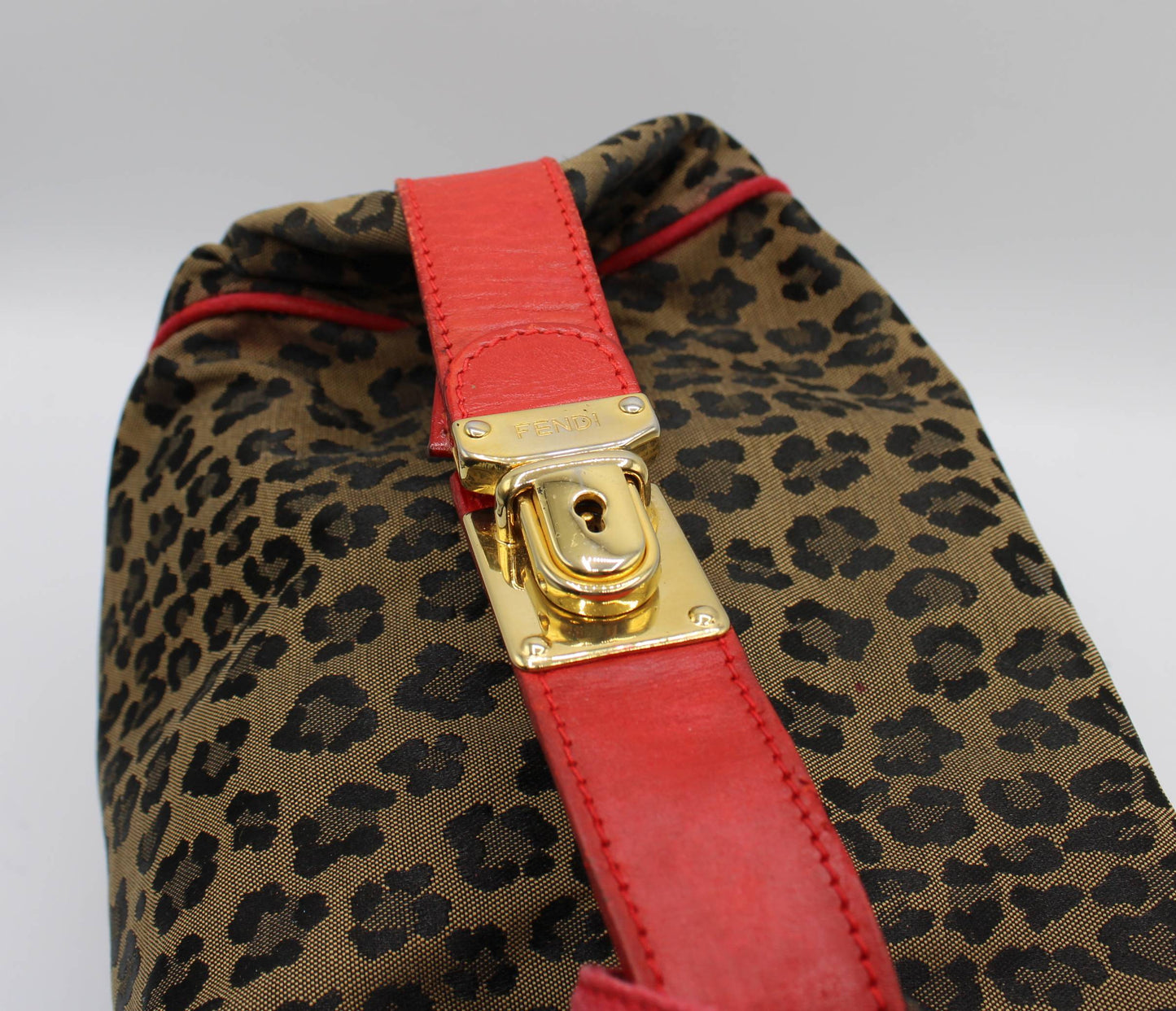 Fendi Brown Leopard Print Red Leather Trim Hand Bag