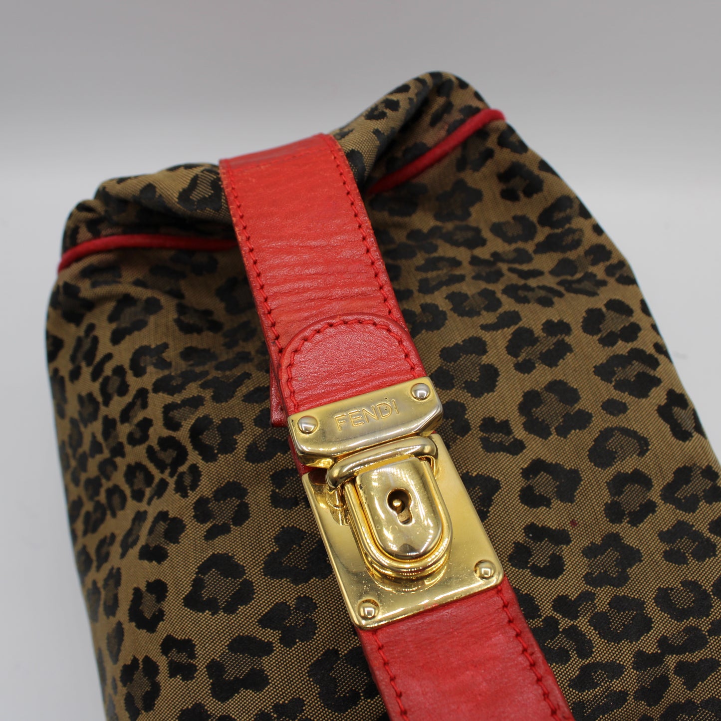 Fendi Brown Leopard Print Red Leather Trim Hand Bag