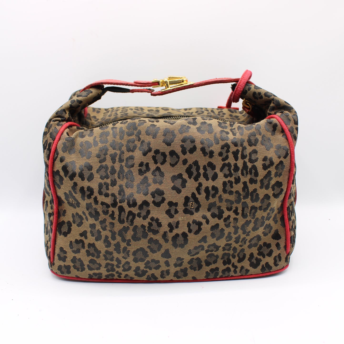 Fendi Brown Leopard Print Red Leather Trim Hand Bag