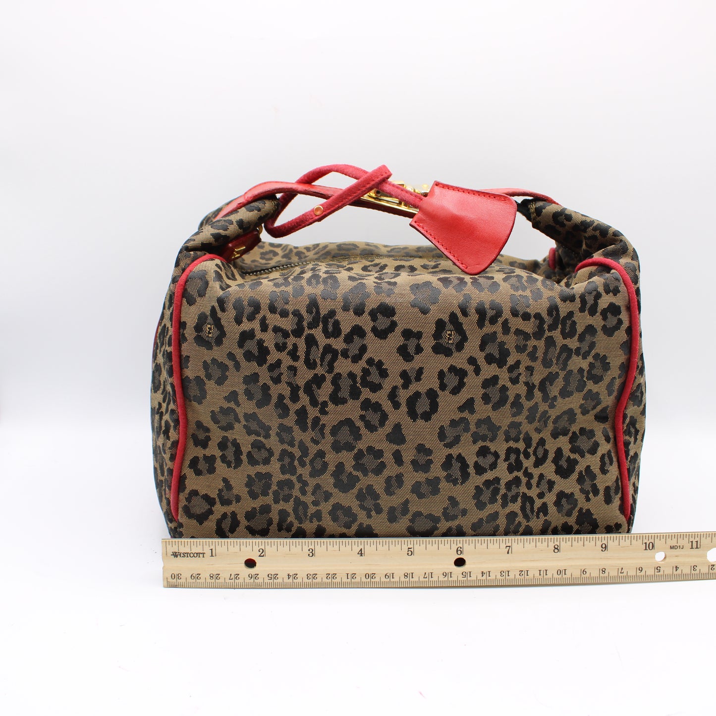 Fendi Brown Leopard Print Red Leather Trim Hand Bag