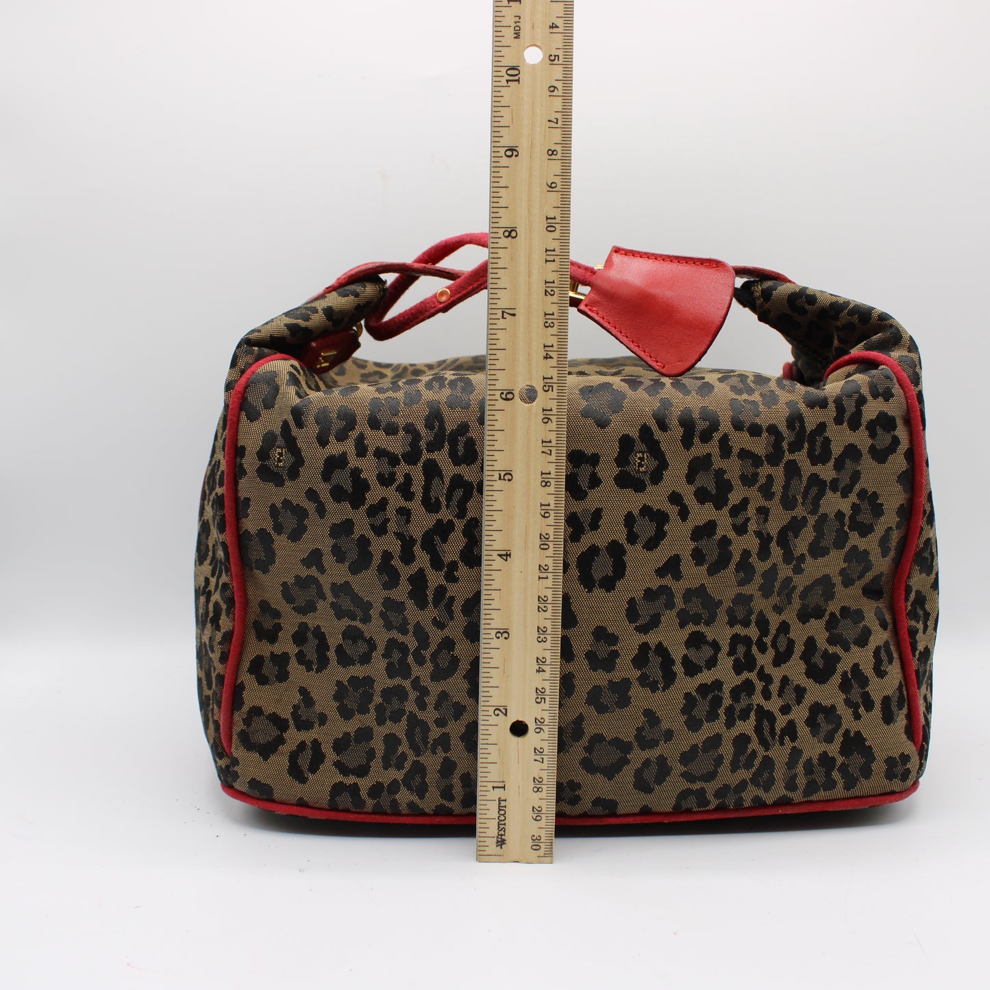 Fendi Brown Leopard Print Red Leather Trim Hand Bag