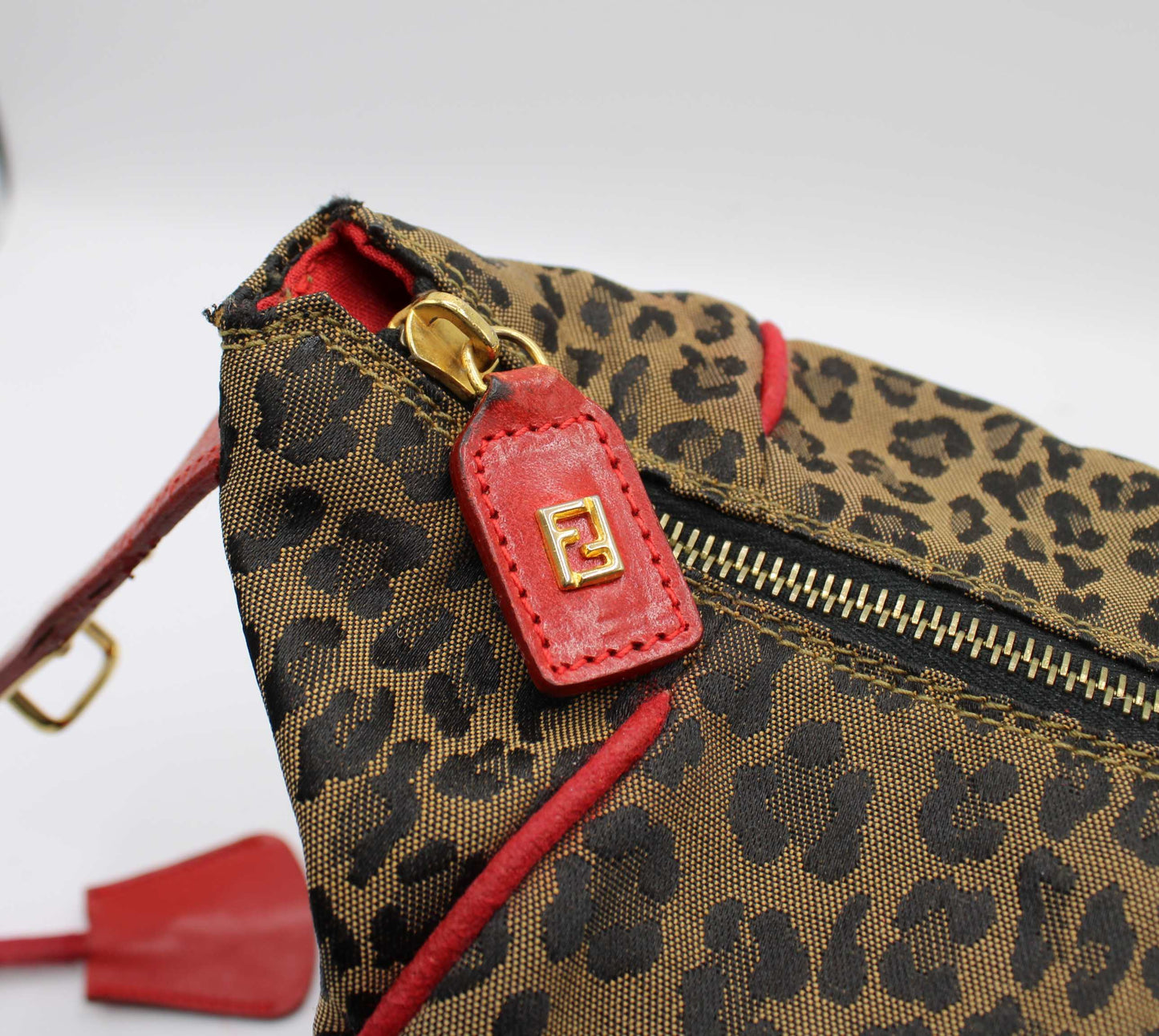 Fendi Brown Leopard Print Red Leather Trim Hand Bag