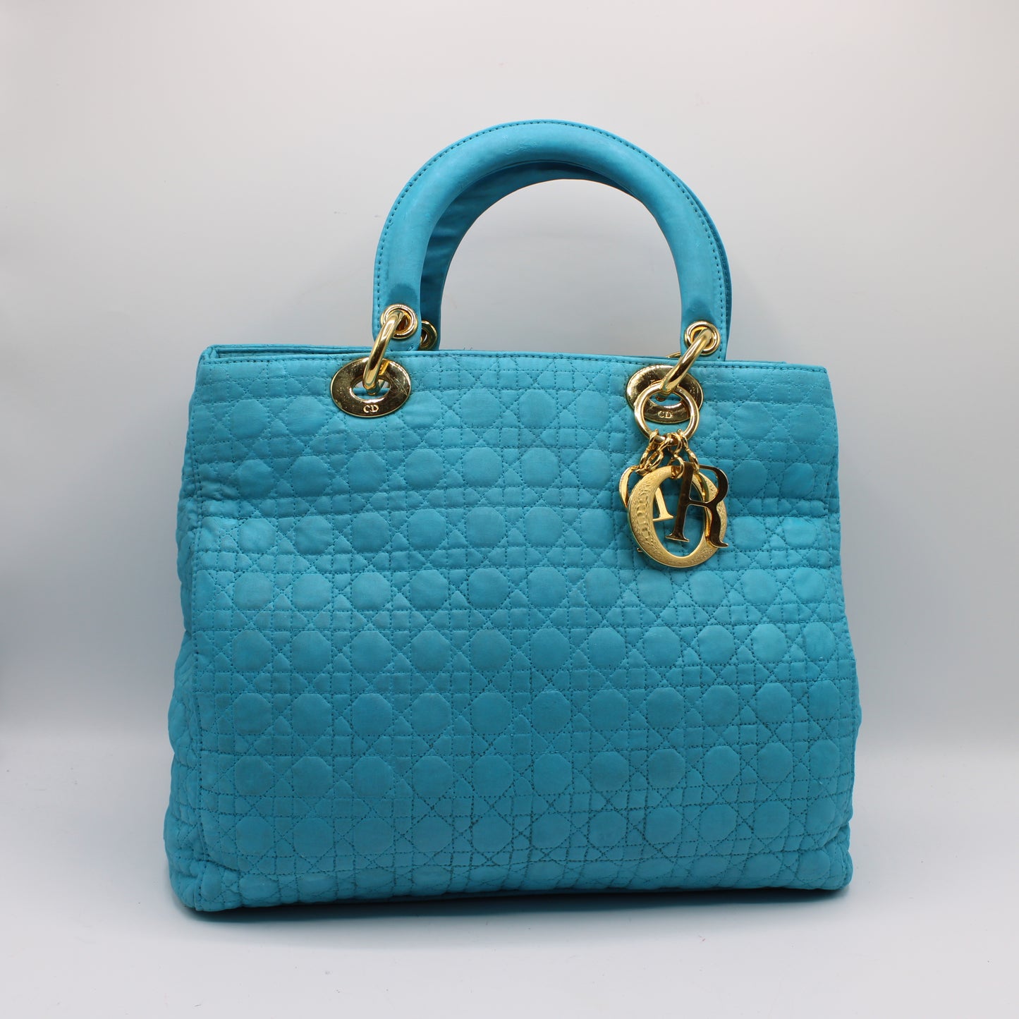 Christian Dior Turquoise Cannage Quilted Cloth Lady Dior Hand Bag