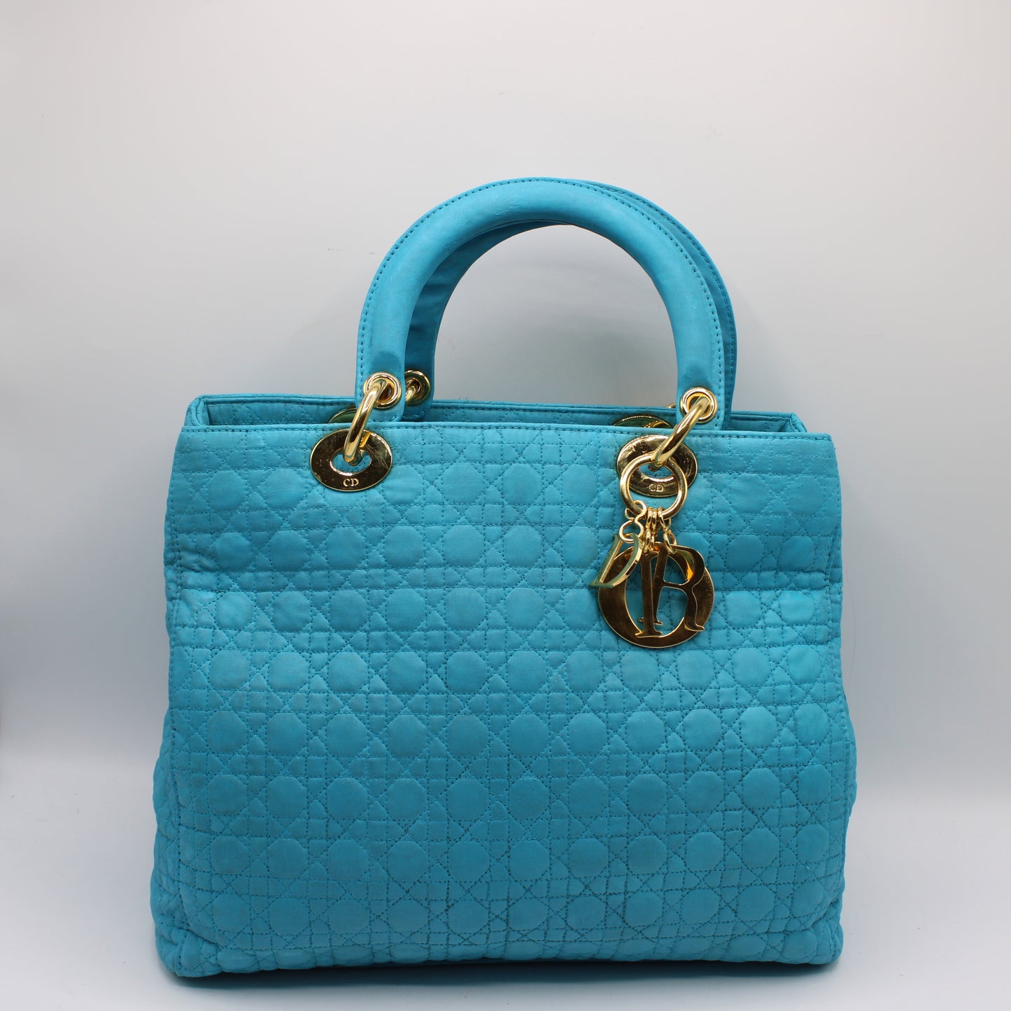 Christian Dior Turquoise Cannage Quilted Cloth Lady Dior Hand Bag