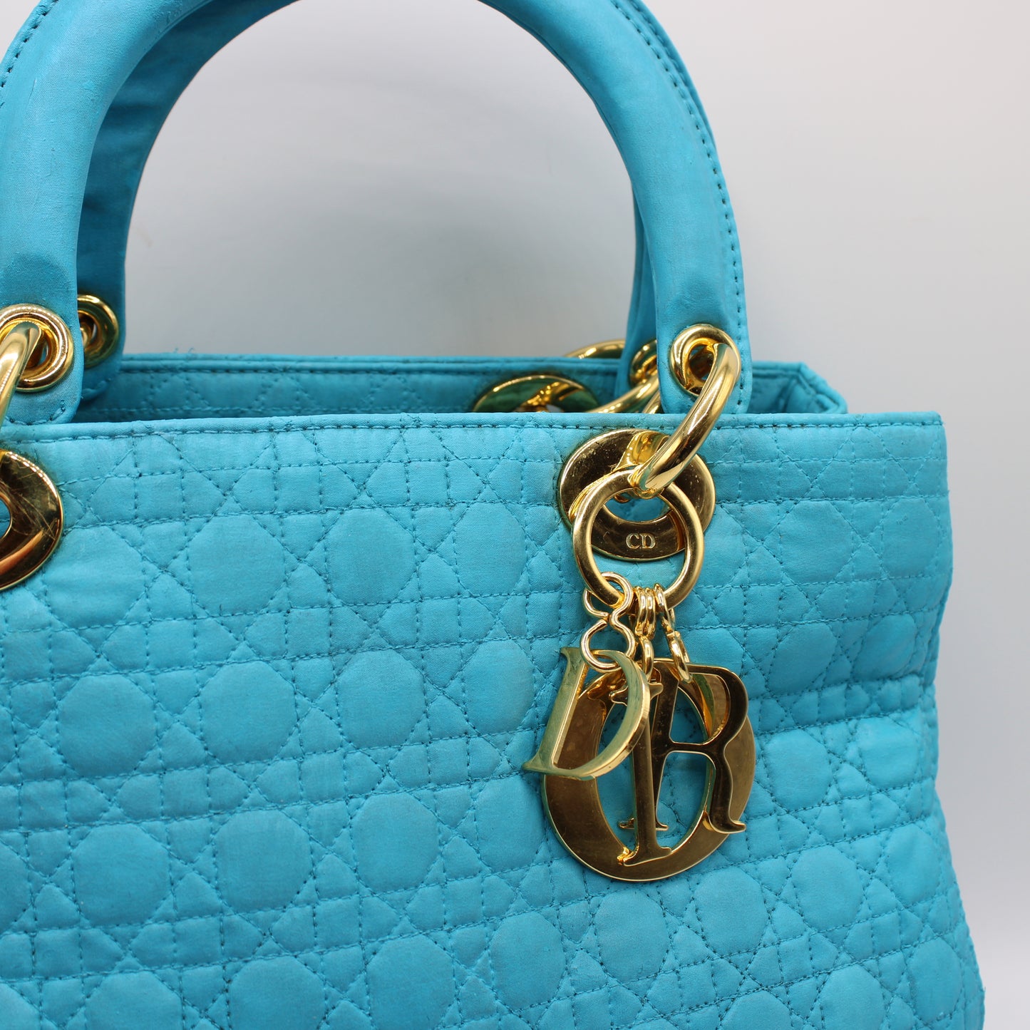 Christian Dior Turquoise Cannage Quilted Cloth Lady Dior Hand Bag