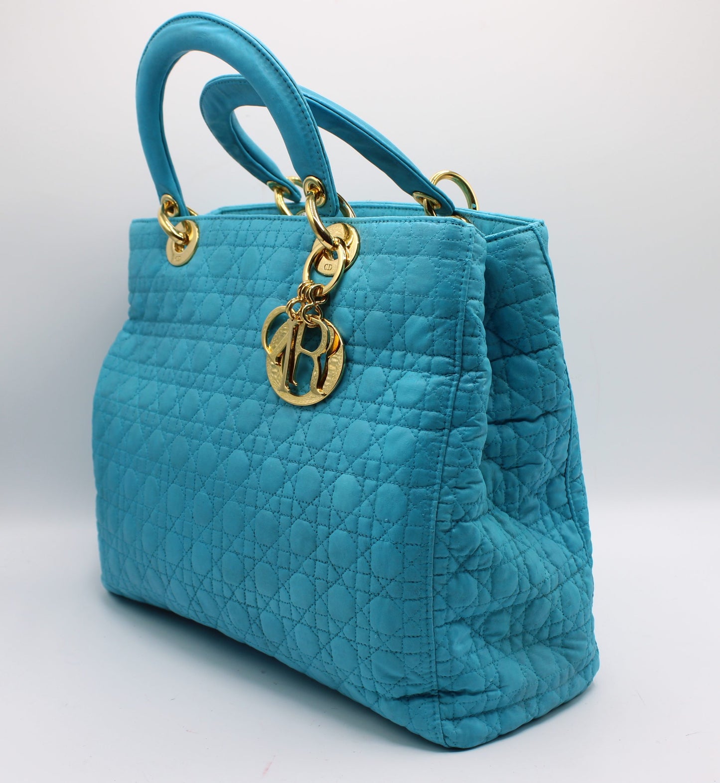 Christian Dior Turquoise Cannage Quilted Cloth Lady Dior Hand Bag