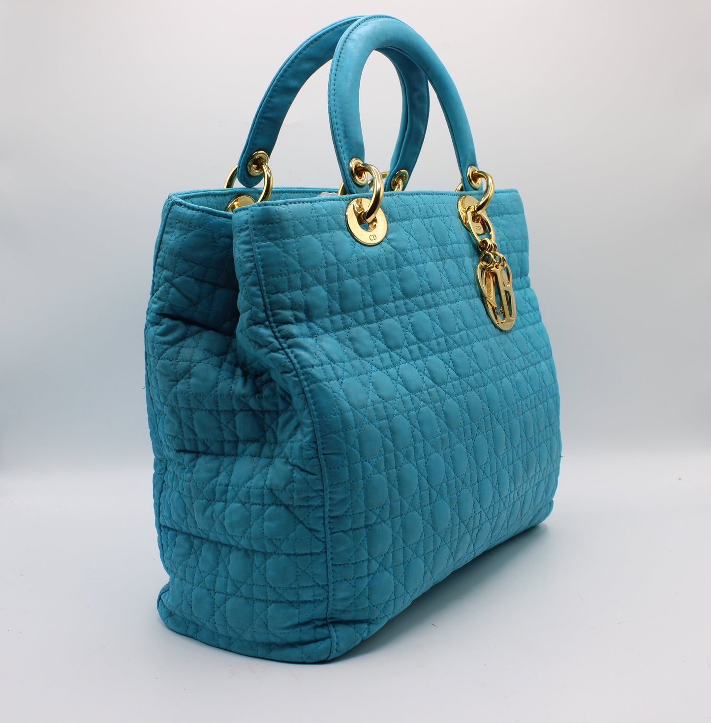 Christian Dior Turquoise Cannage Quilted Cloth Lady Dior Hand Bag