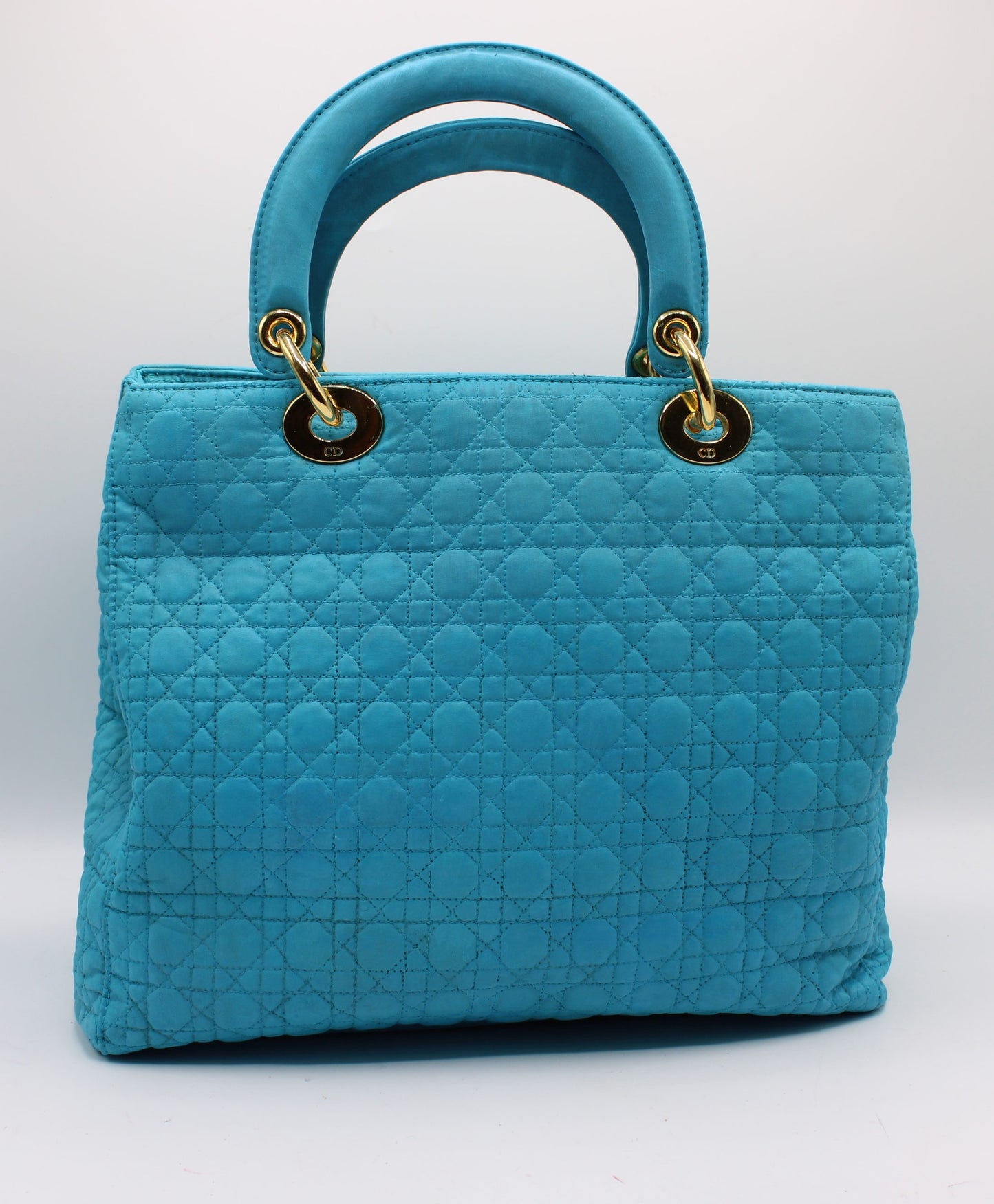 Christian Dior Turquoise Cannage Quilted Cloth Lady Dior Hand Bag