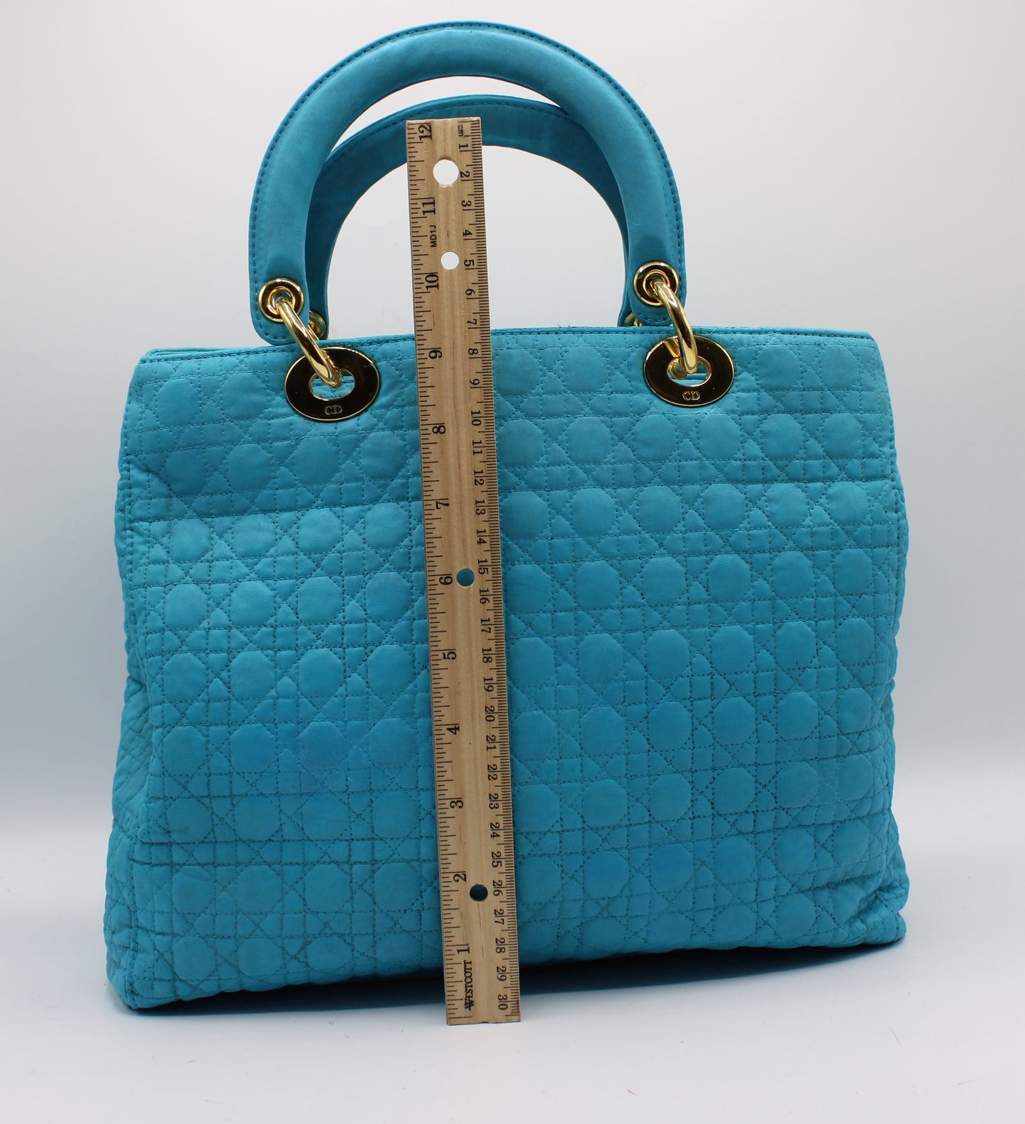 Christian Dior Turquoise Cannage Quilted Cloth Lady Dior Hand Bag