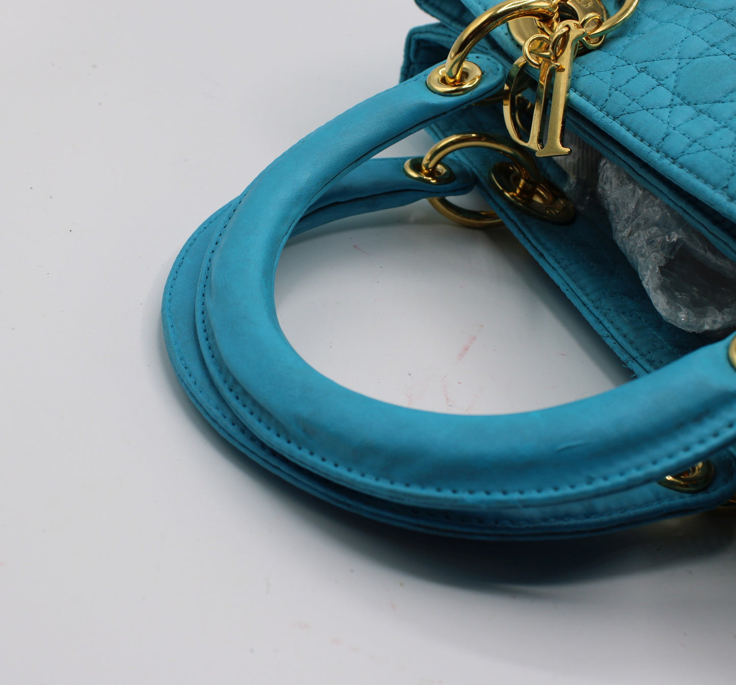 Christian Dior Turquoise Cannage Quilted Cloth Lady Dior Hand Bag