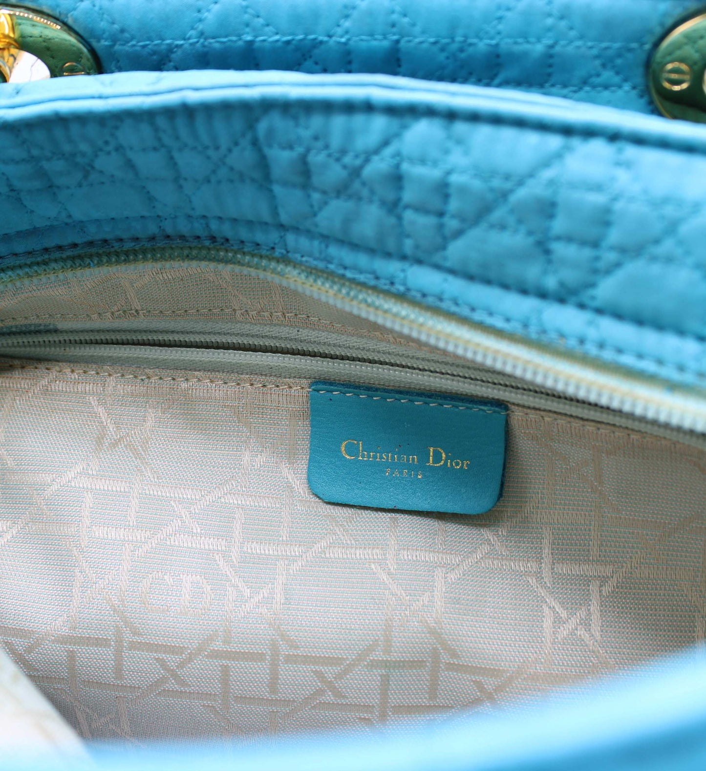 Christian Dior Turquoise Cannage Quilted Cloth Lady Dior Hand Bag