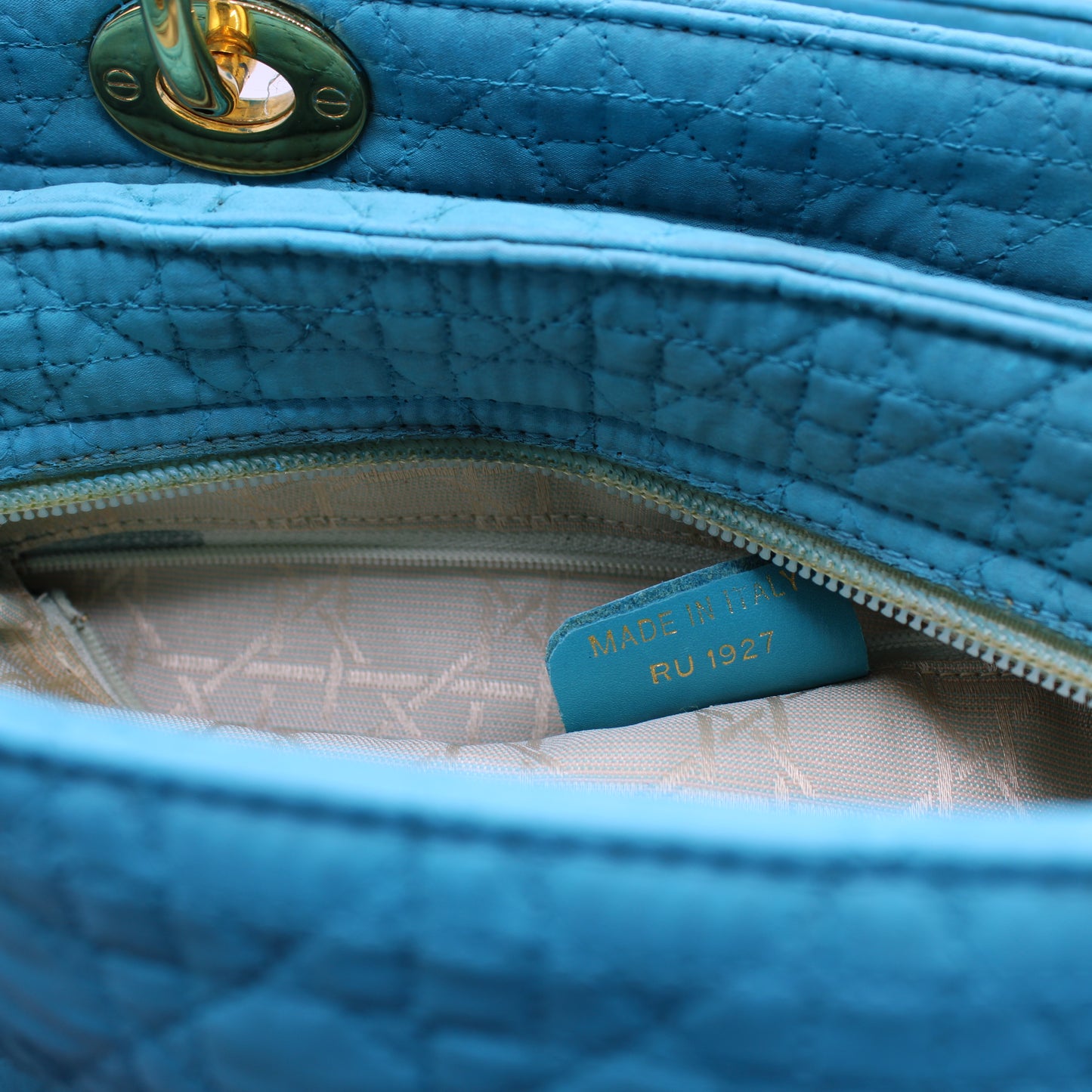 Christian Dior Turquoise Cannage Quilted Cloth Lady Dior Hand Bag