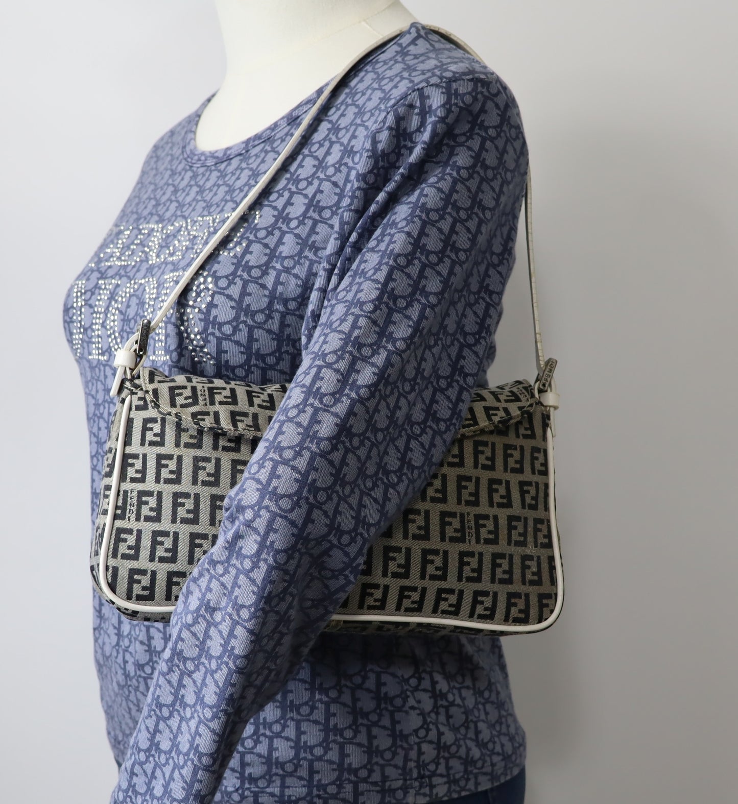 Fendi Grey Black Zucca Zucchino Canvas Flap Shoulder Bag