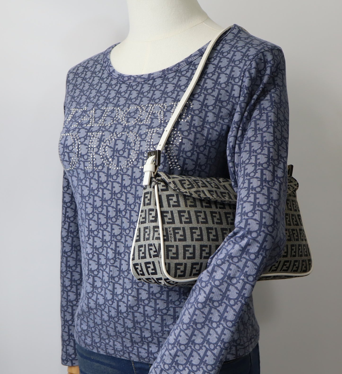 Fendi Grey Black Zucca Zucchino Canvas Flap Shoulder Bag
