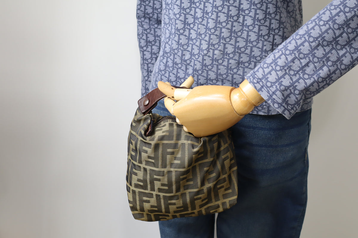 Fendi Brown Zucca Monogram Canvas Leather Handle Pouch