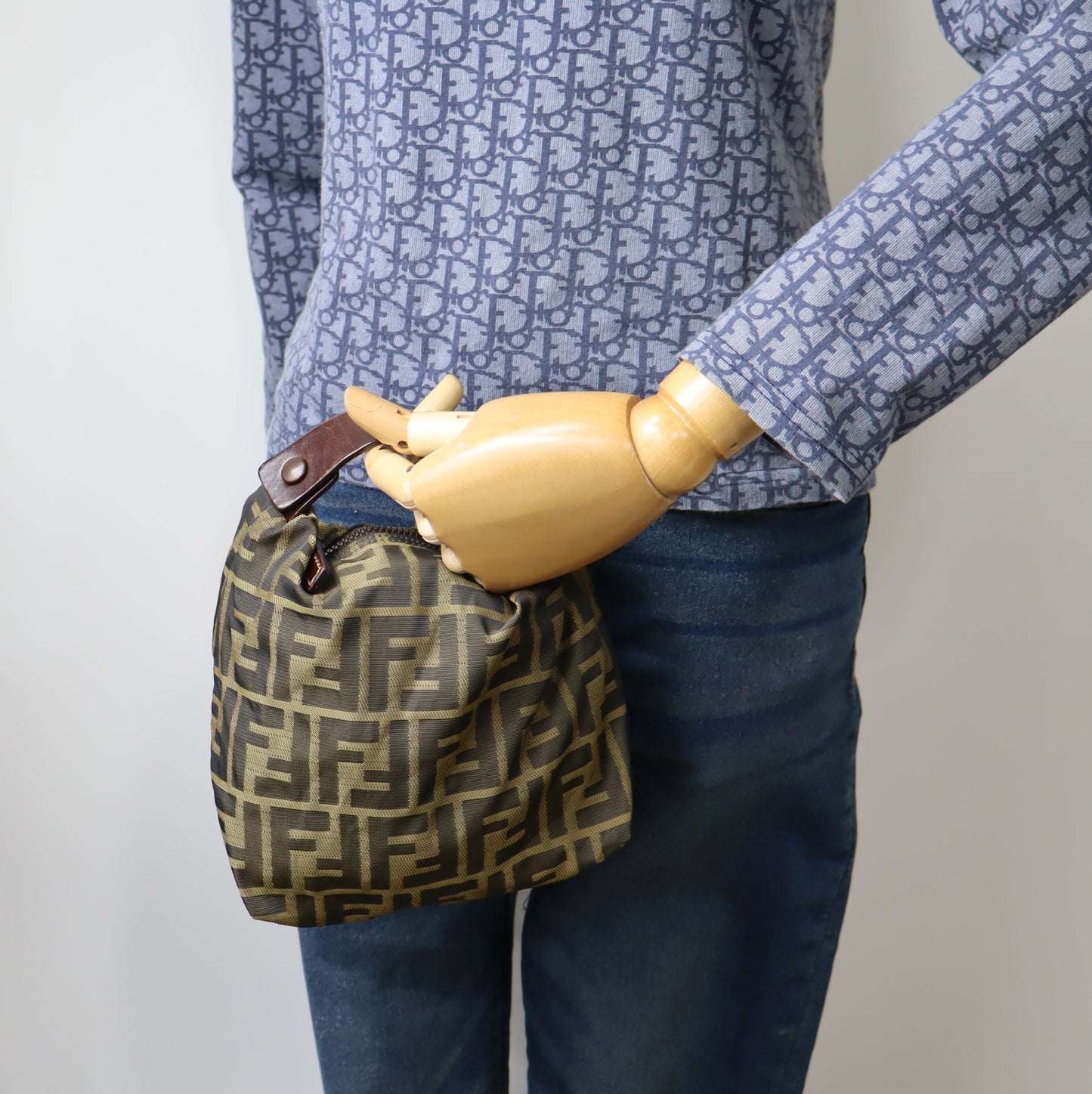 Fendi Brown Zucca Monogram Canvas Leather Handle Pouch