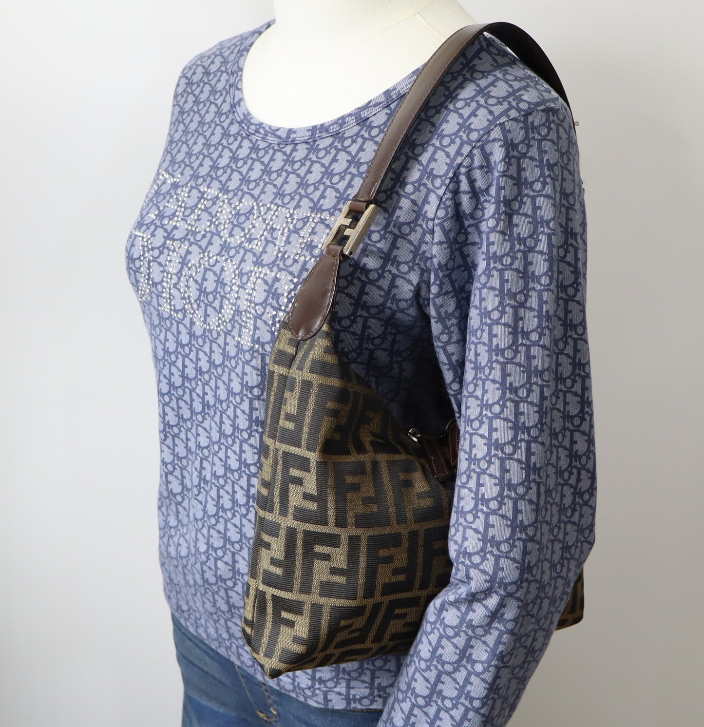 Fendi Brown Zucca Monogram Canvas Leather Shoulder Bag