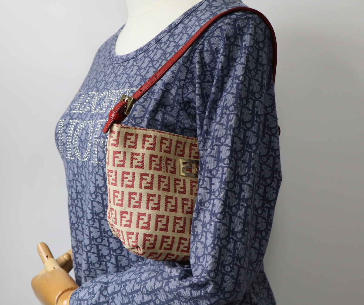 Fendi Tan Red Zucca Canvas Leather Shoulder Bag