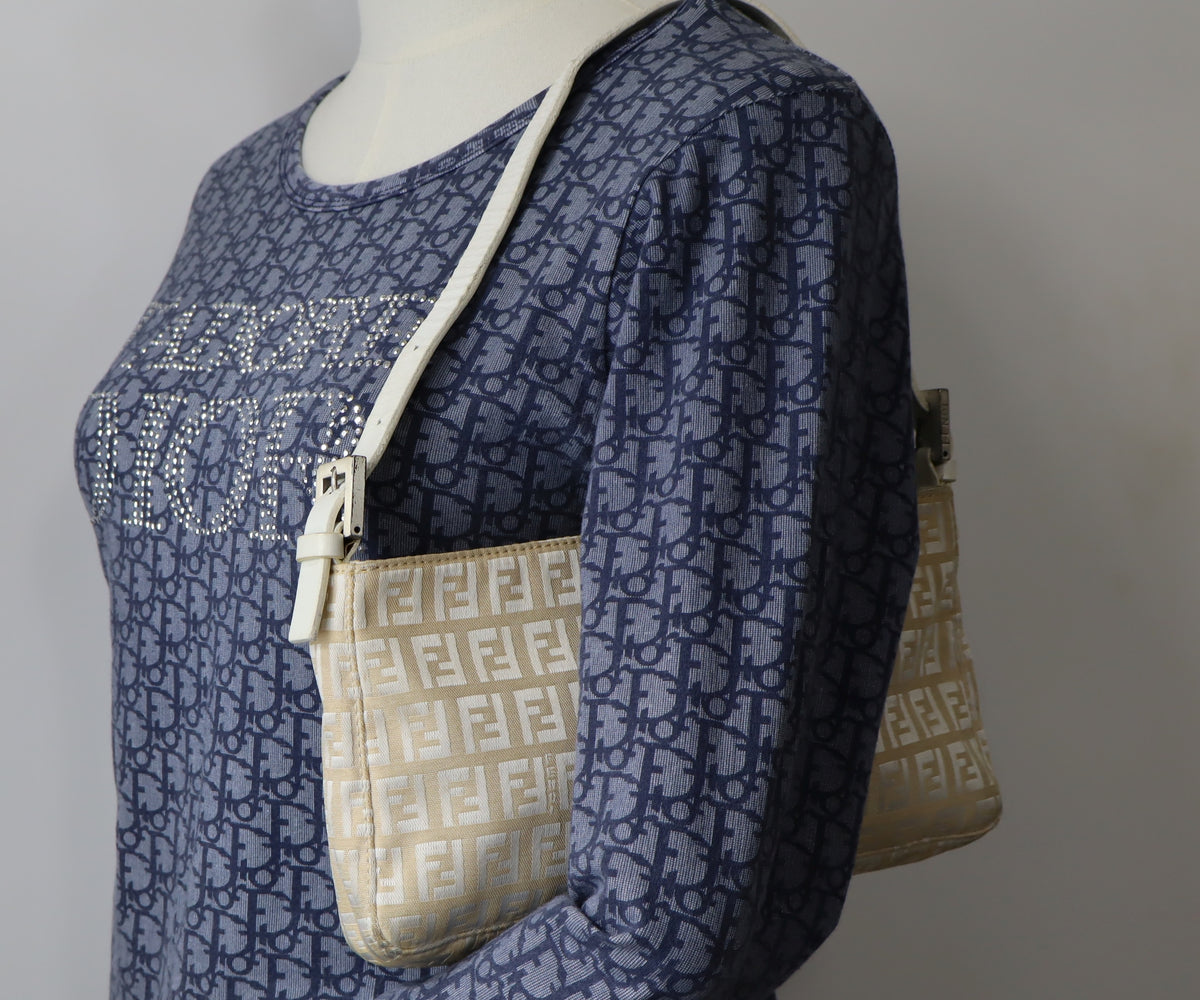Fendi Off White Zucca Canvas Leather Shoulder Bag
