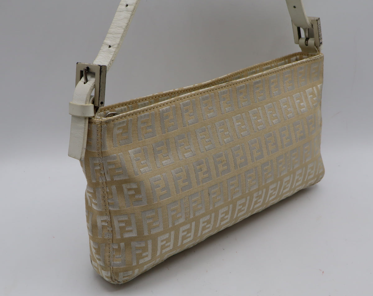 Fendi Off White Zucca Canvas Leather Shoulder Bag