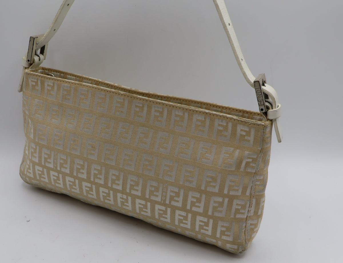 Fendi Off White Zucca Canvas Leather Shoulder Bag