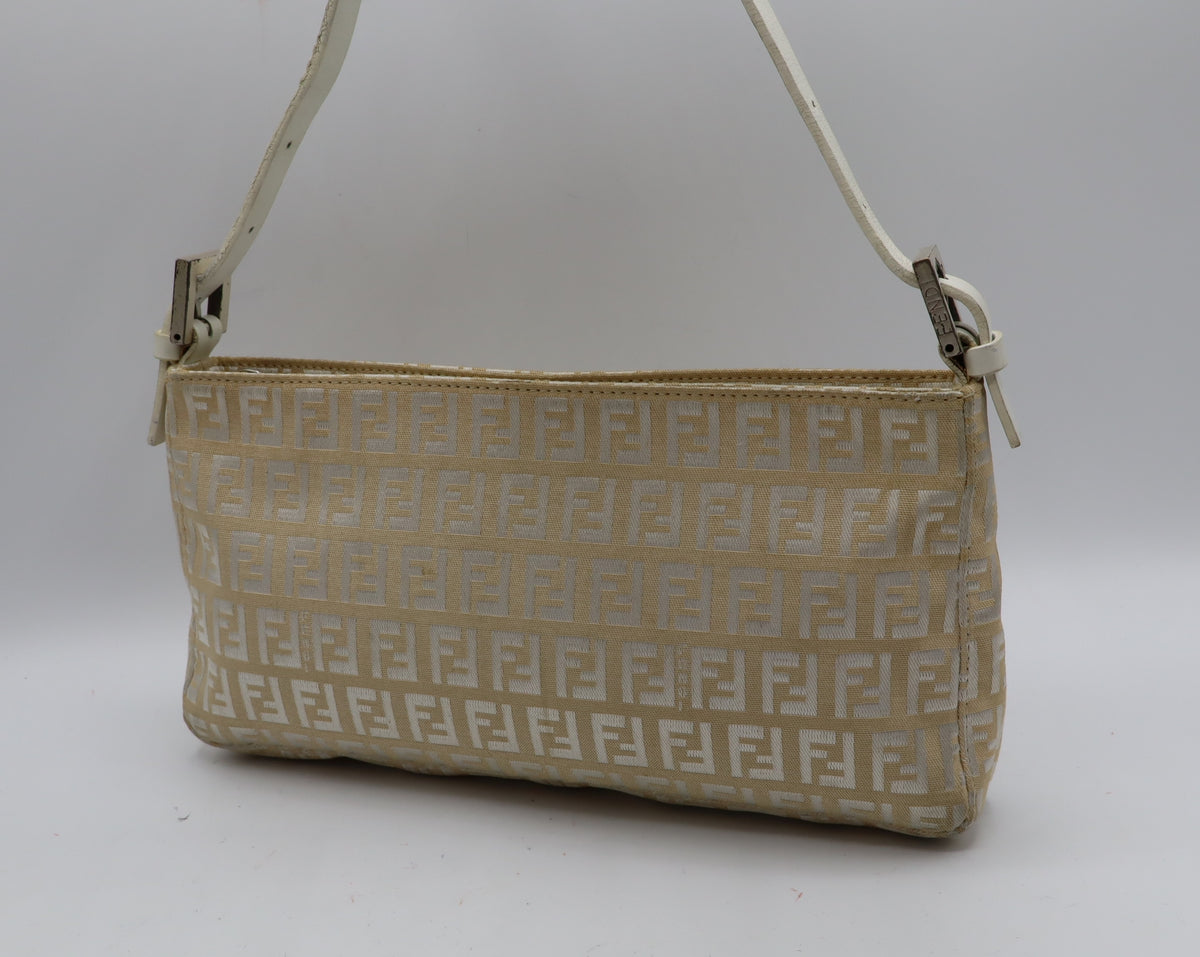 Fendi Off White Zucca Canvas Leather Shoulder Bag