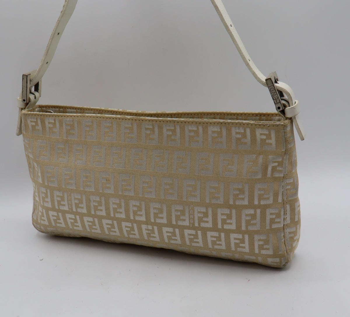 Fendi Off White Zucca Canvas Leather Shoulder Bag