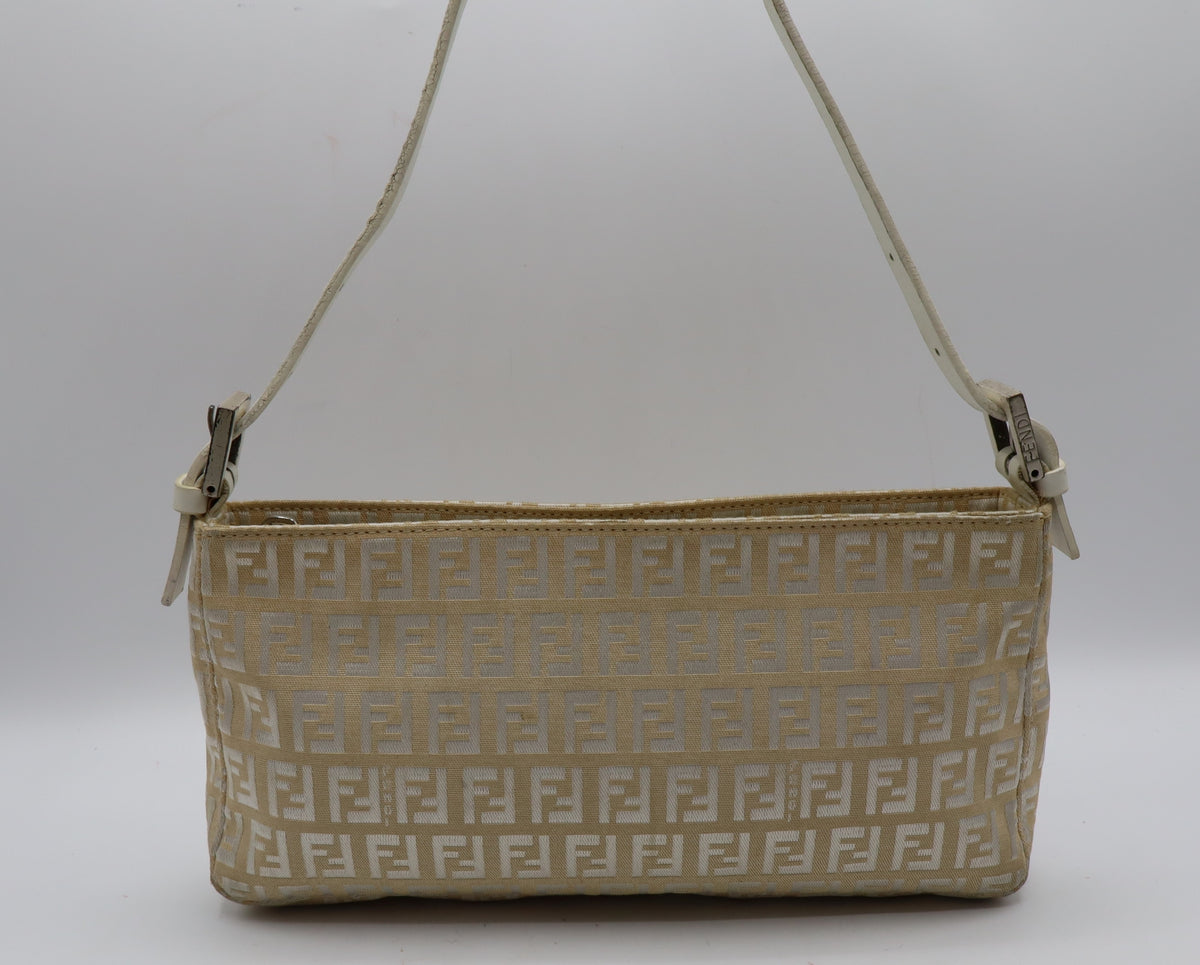 Fendi Off White Zucca Canvas Leather Shoulder Bag