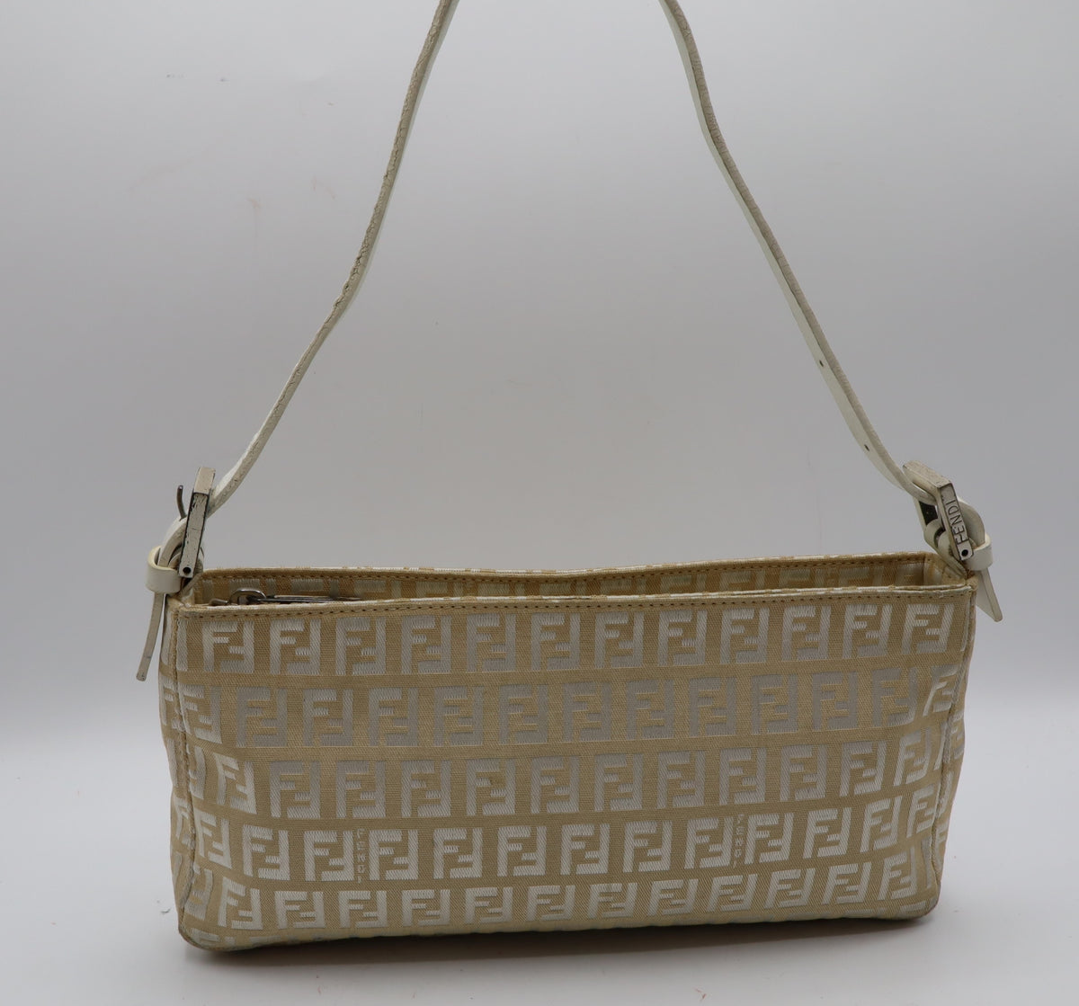 Fendi Off White Zucca Canvas Leather Shoulder Bag
