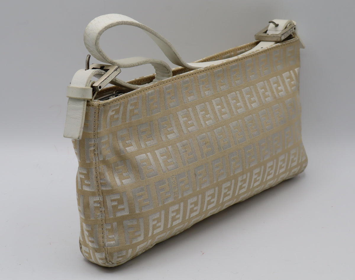 Fendi Off White Zucca Canvas Leather Shoulder Bag