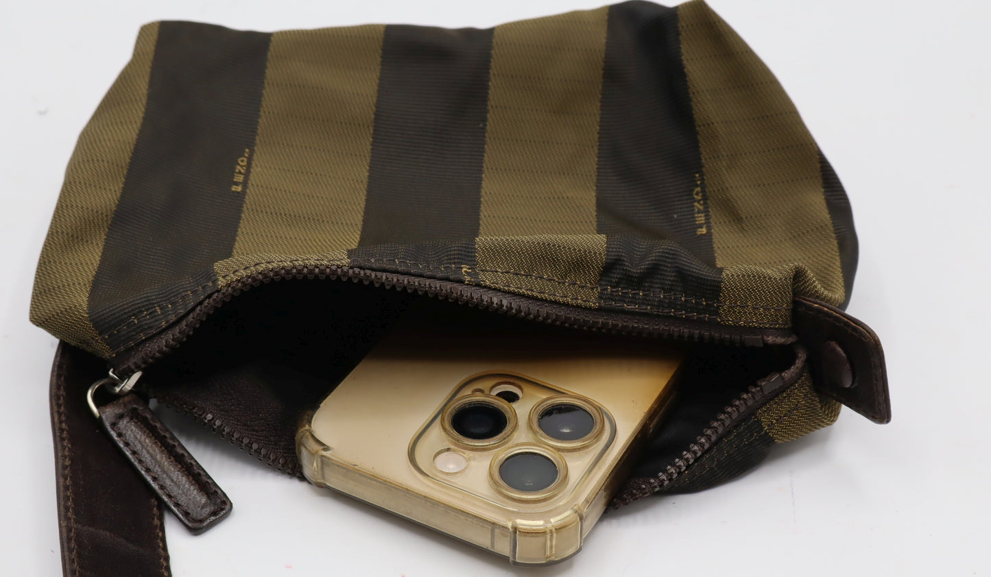 Fendi Brown Olive Pequin Striped Canvas Handbag Pouch