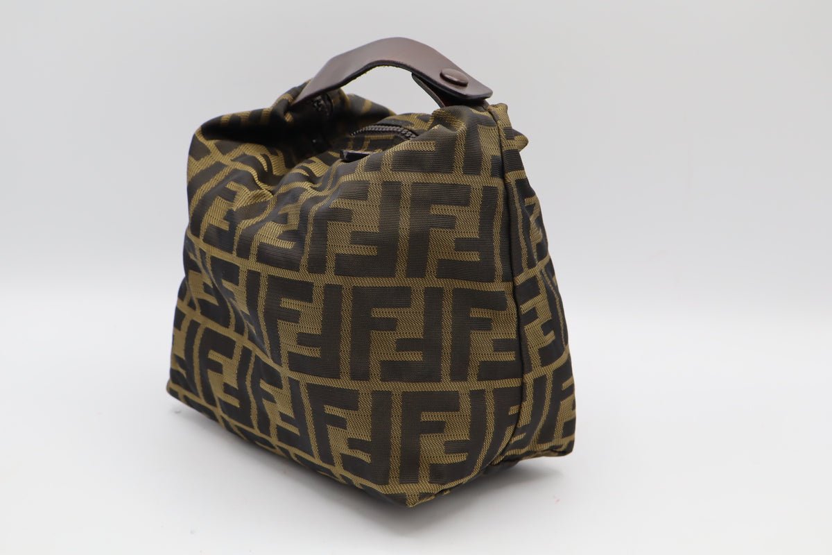 Fendi Brown Zucca Monogram Canvas Leather Handle Pouch