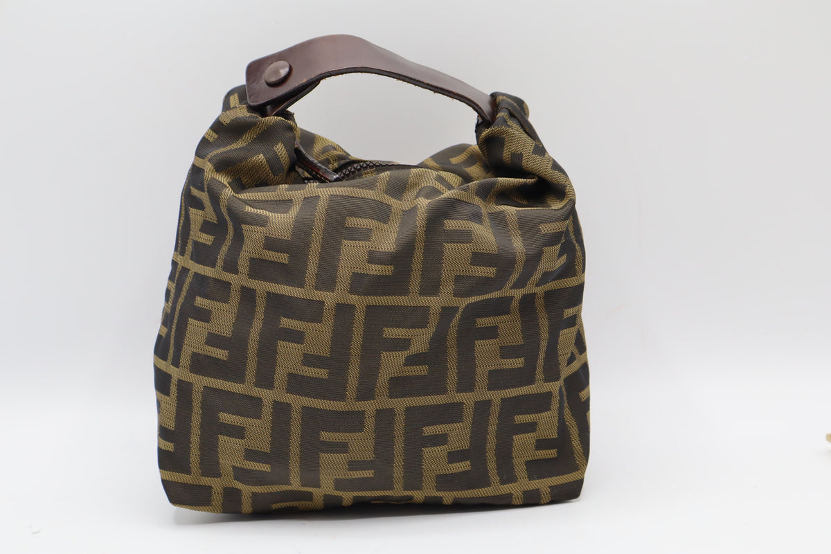 Fendi Brown Zucca Monogram Canvas Leather Handle Pouch