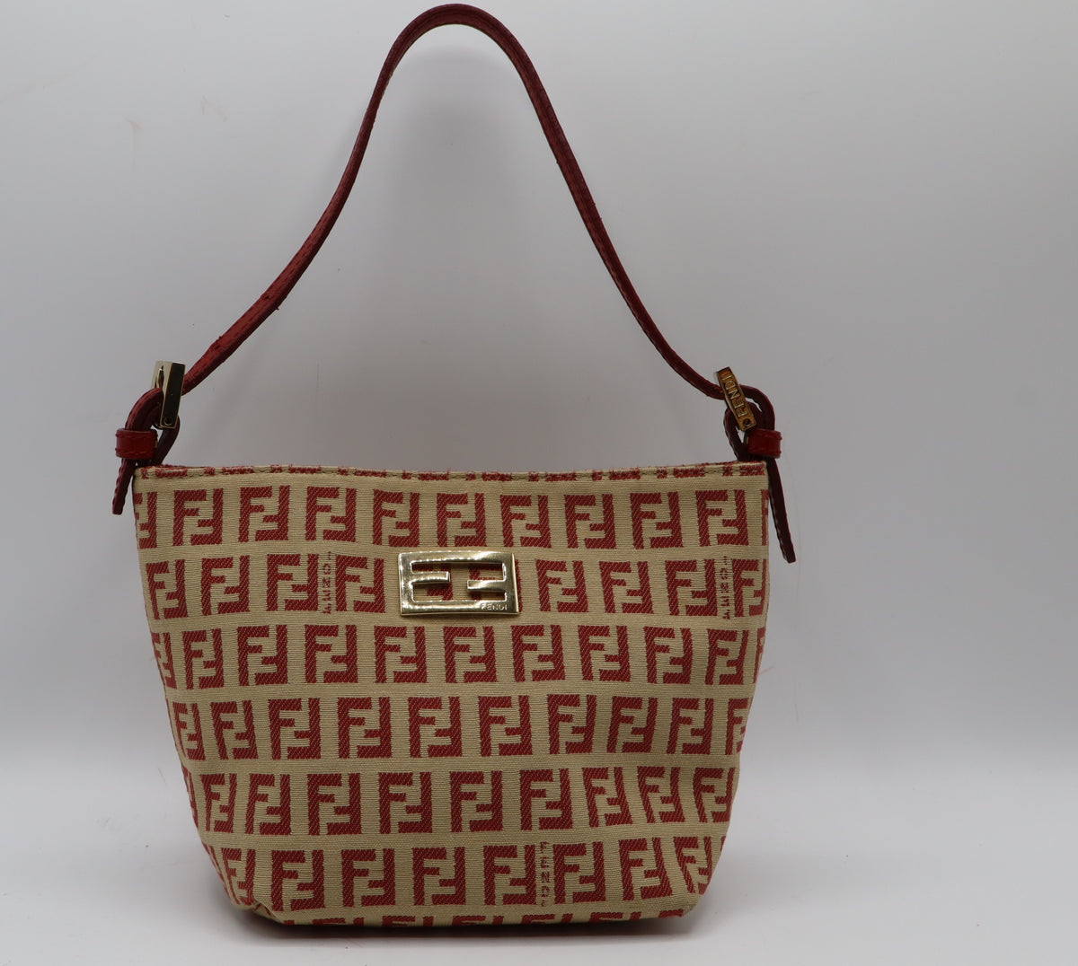 Fendi Tan Red Zucca Canvas Leather Shoulder Bag