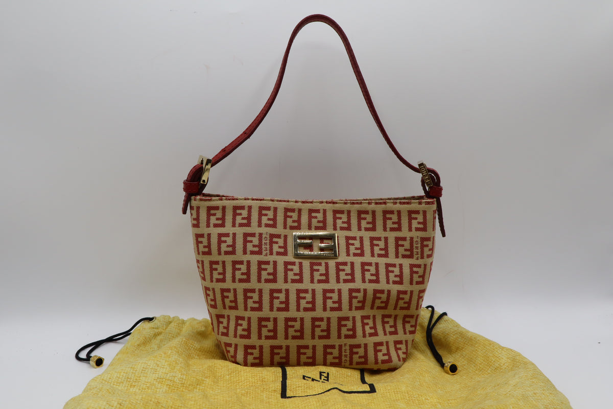 Fendi Tan Red Zucca Canvas Leather Shoulder Bag