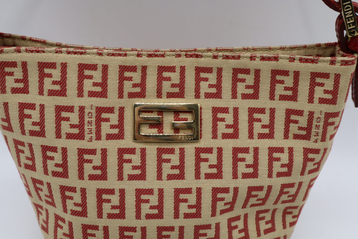 Fendi Tan Red Zucca Canvas Leather Shoulder Bag