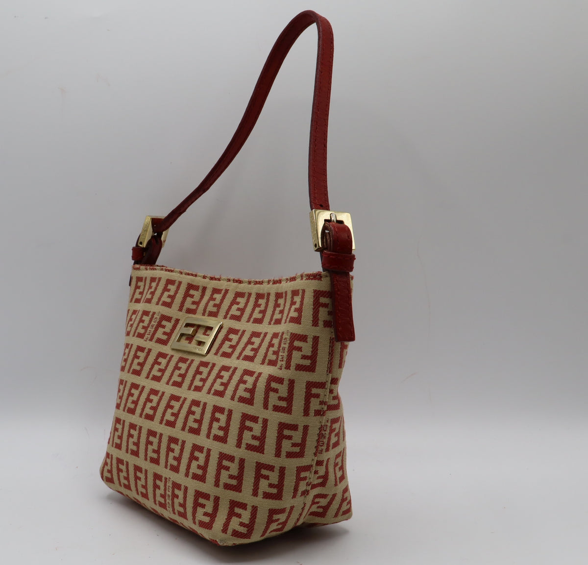 Fendi Tan Red Zucca Canvas Leather Shoulder Bag