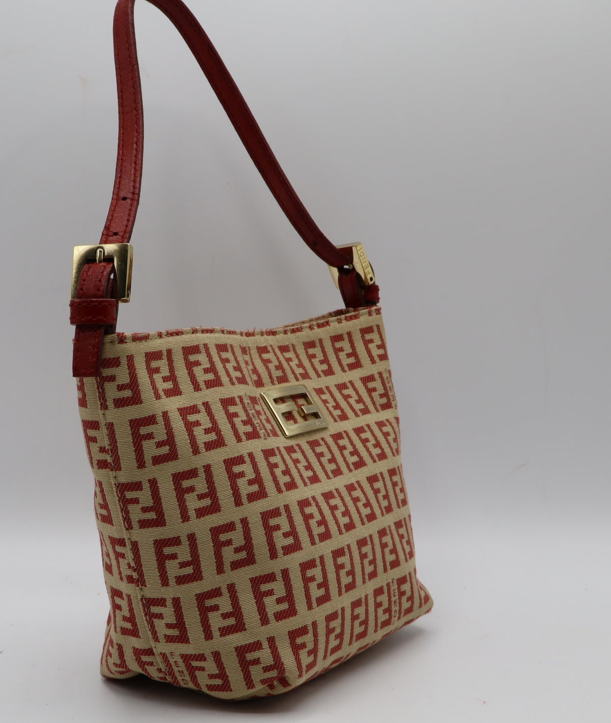 Fendi Tan Red Zucca Canvas Leather Shoulder Bag
