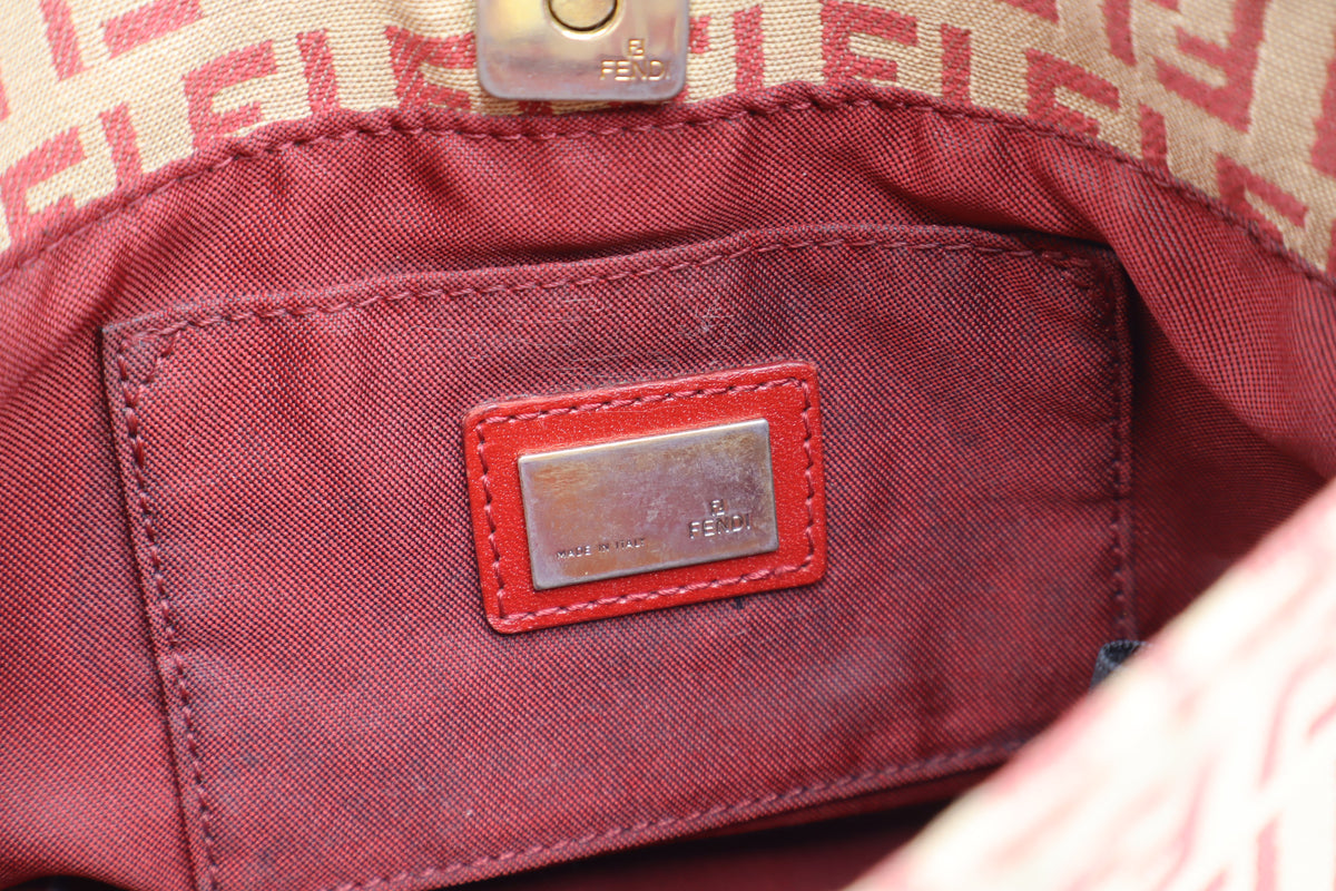Fendi Tan Red Zucca Canvas Leather Shoulder Bag