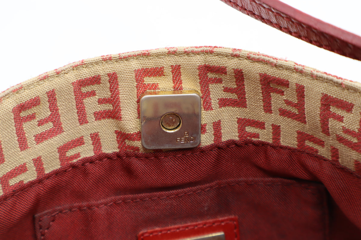 Fendi Tan Red Zucca Canvas Leather Shoulder Bag