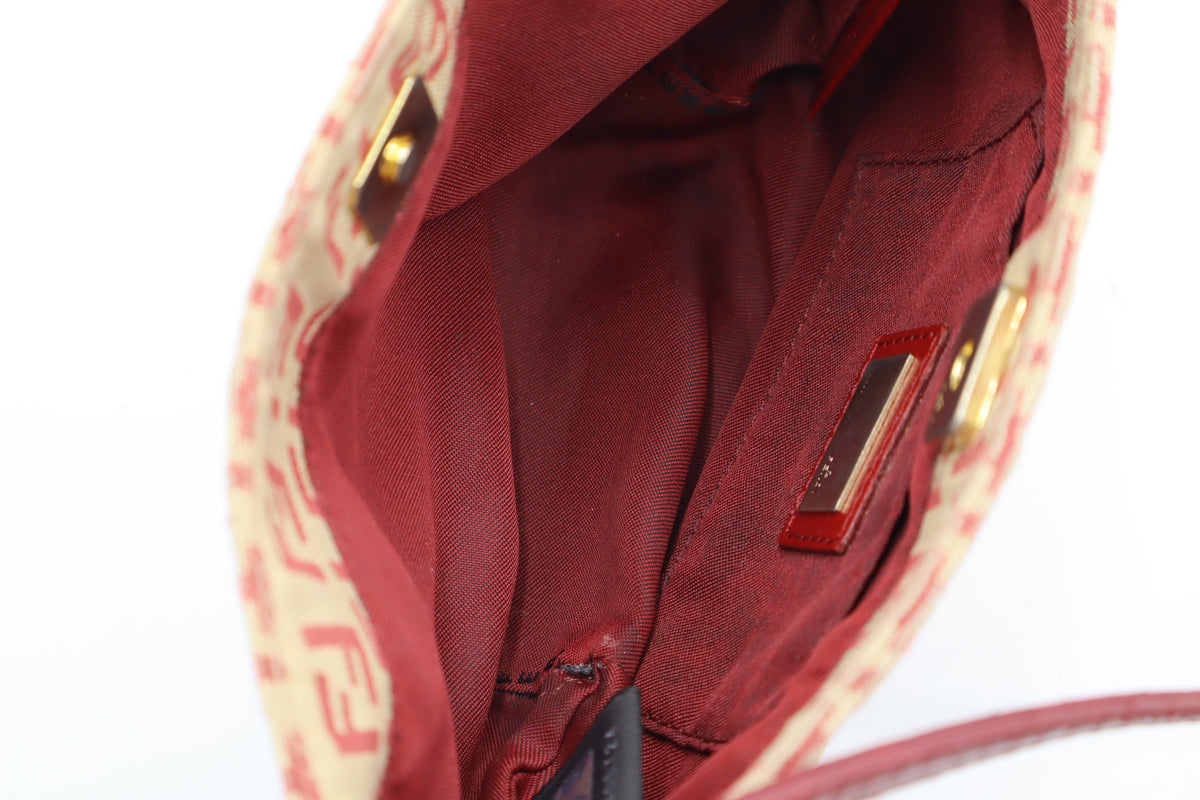 Fendi Tan Red Zucca Canvas Leather Shoulder Bag
