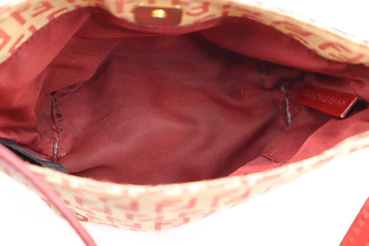 Fendi Tan Red Zucca Canvas Leather Shoulder Bag