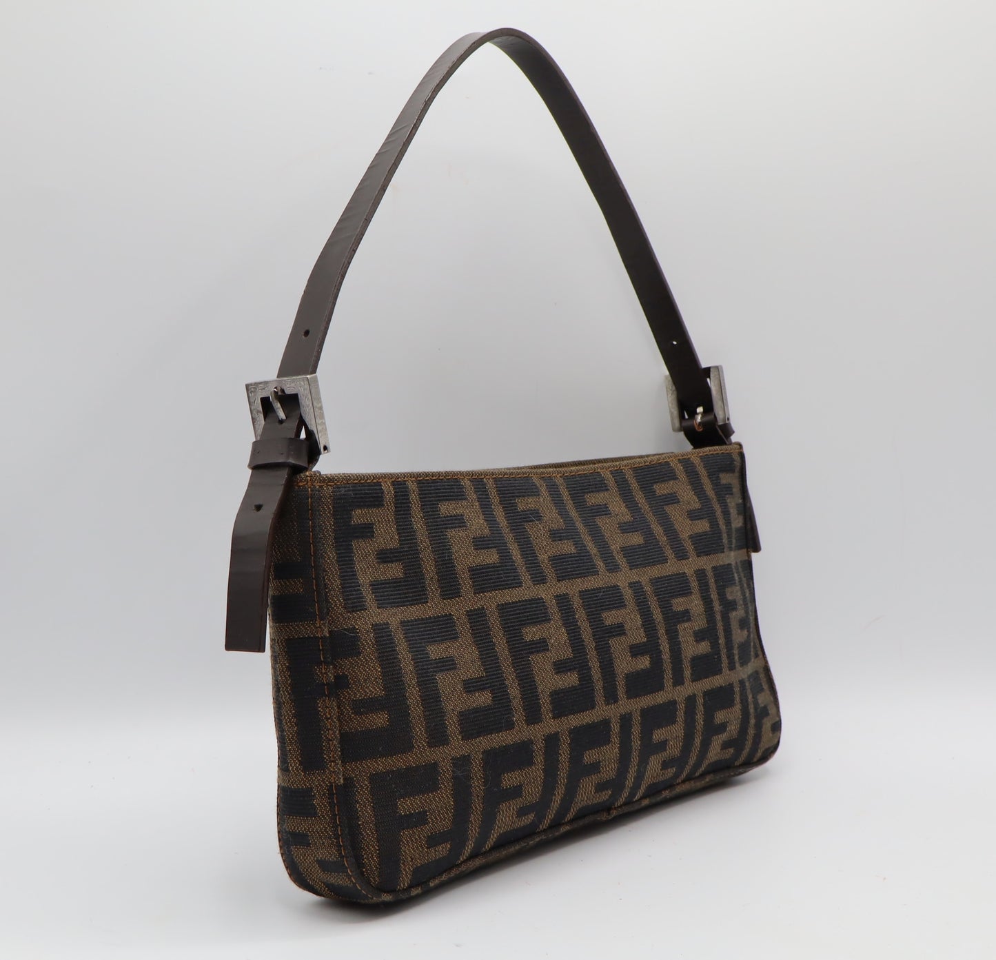 Fendi Brown Zucca Monogram Canvas Leather Shoulder Bag