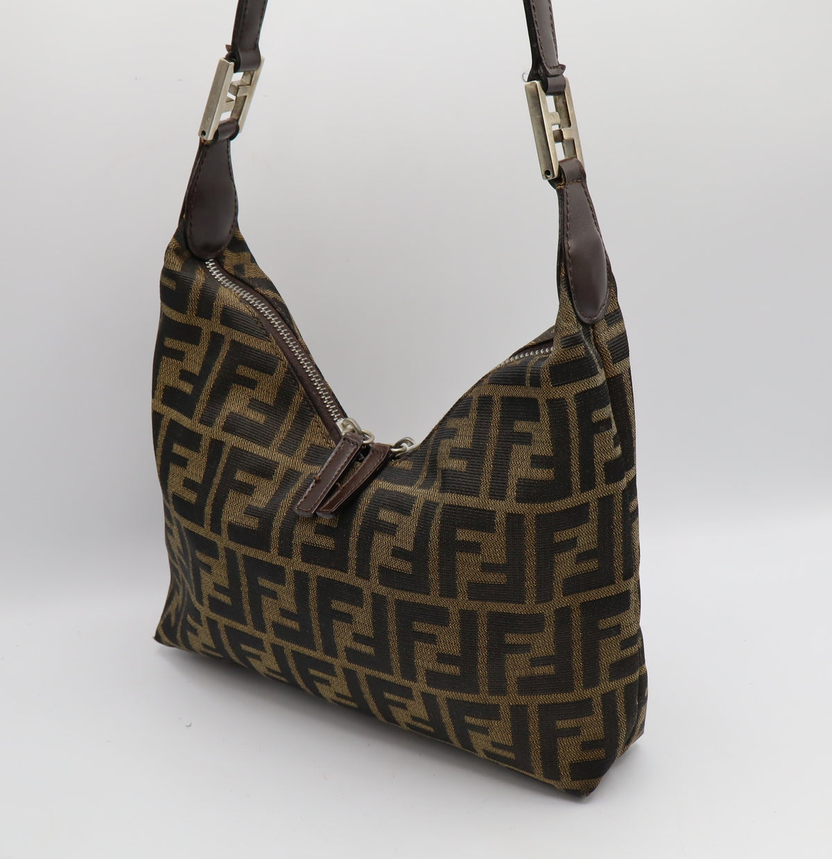 Fendi Brown Zucca Monogram Canvas Leather Shoulder Bag