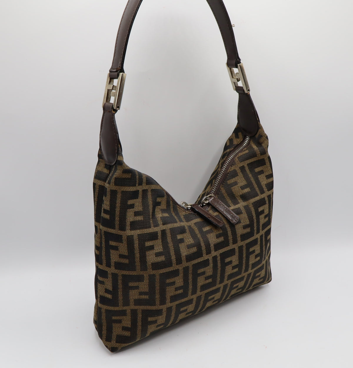 Fendi Brown Zucca Monogram Canvas Leather Shoulder Bag